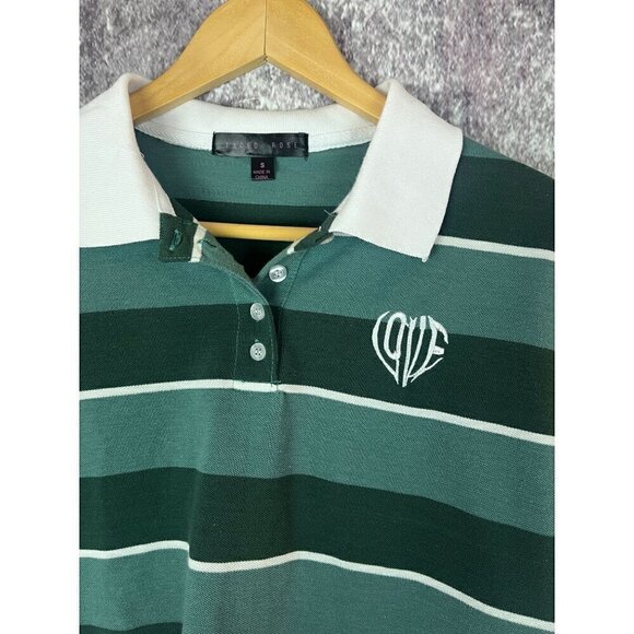 Faded Green White Striped Cropped Preppy Polo Shirt Top Women's Small - Picture 2 of 9